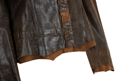 Vintage Ritsuko Shirahama distressed brown leather jacket with coyote fur collar / Made in Japan