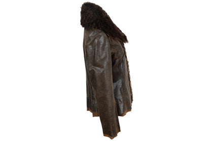 Vintage Ritsuko Shirahama distressed brown leather jacket with coyote fur collar / Made in Japan