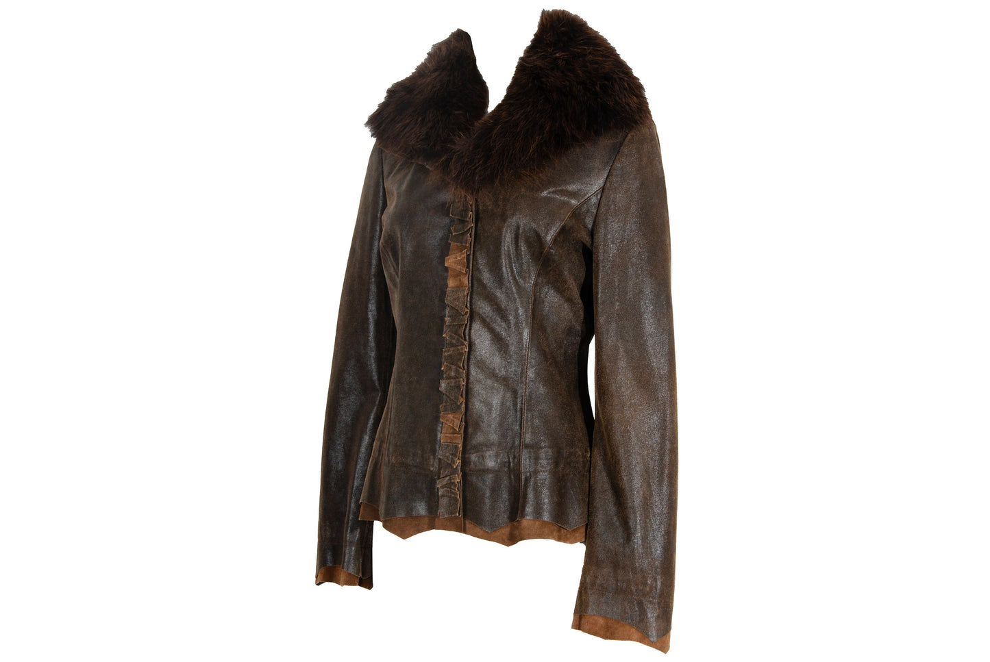 Vintage Ritsuko Shirahama distressed brown leather jacket with coyote fur collar / Made in Japan
