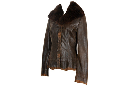 Vintage Ritsuko Shirahama distressed brown leather jacket with coyote fur collar / Made in Japan