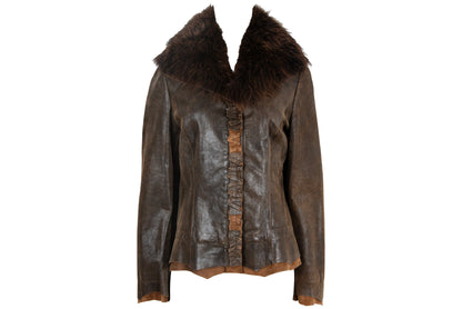 Vintage Ritsuko Shirahama distressed brown leather jacket with coyote fur collar / Made in Japan