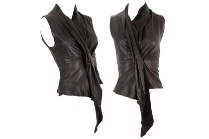 Vintage brown leather draped sleeveless top / Avant garde pleated leather waterfall top / Made in Italy