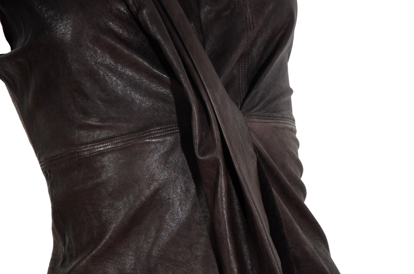 Vintage brown leather draped sleeveless top / Avant garde pleated leather waterfall top / Made in Italy