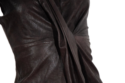 Vintage brown leather draped sleeveless top / Avant garde pleated leather waterfall top / Made in Italy
