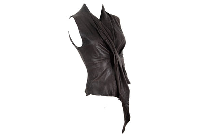 Vintage brown leather draped sleeveless top / Avant garde pleated leather waterfall top / Made in Italy