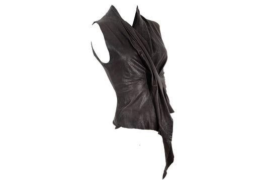 Vintage brown leather draped sleeveless top / Avant garde pleated leather waterfall top / Made in Italy