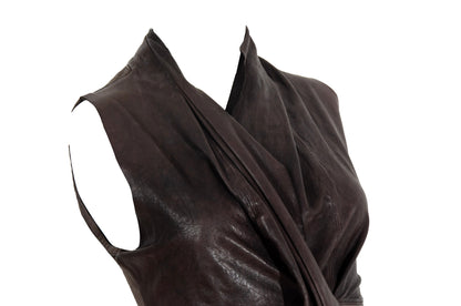 Vintage brown leather draped sleeveless top / Avant garde pleated leather waterfall top / Made in Italy