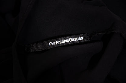 Vintage PierAntonioGaspari sheer mesh black maxi dress with geometric linen patches details / Made in Italy