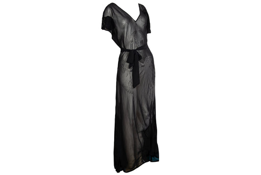 Vintage PierAntonioGaspari sheer mesh black maxi dress with geometric linen patches details / Made in Italy