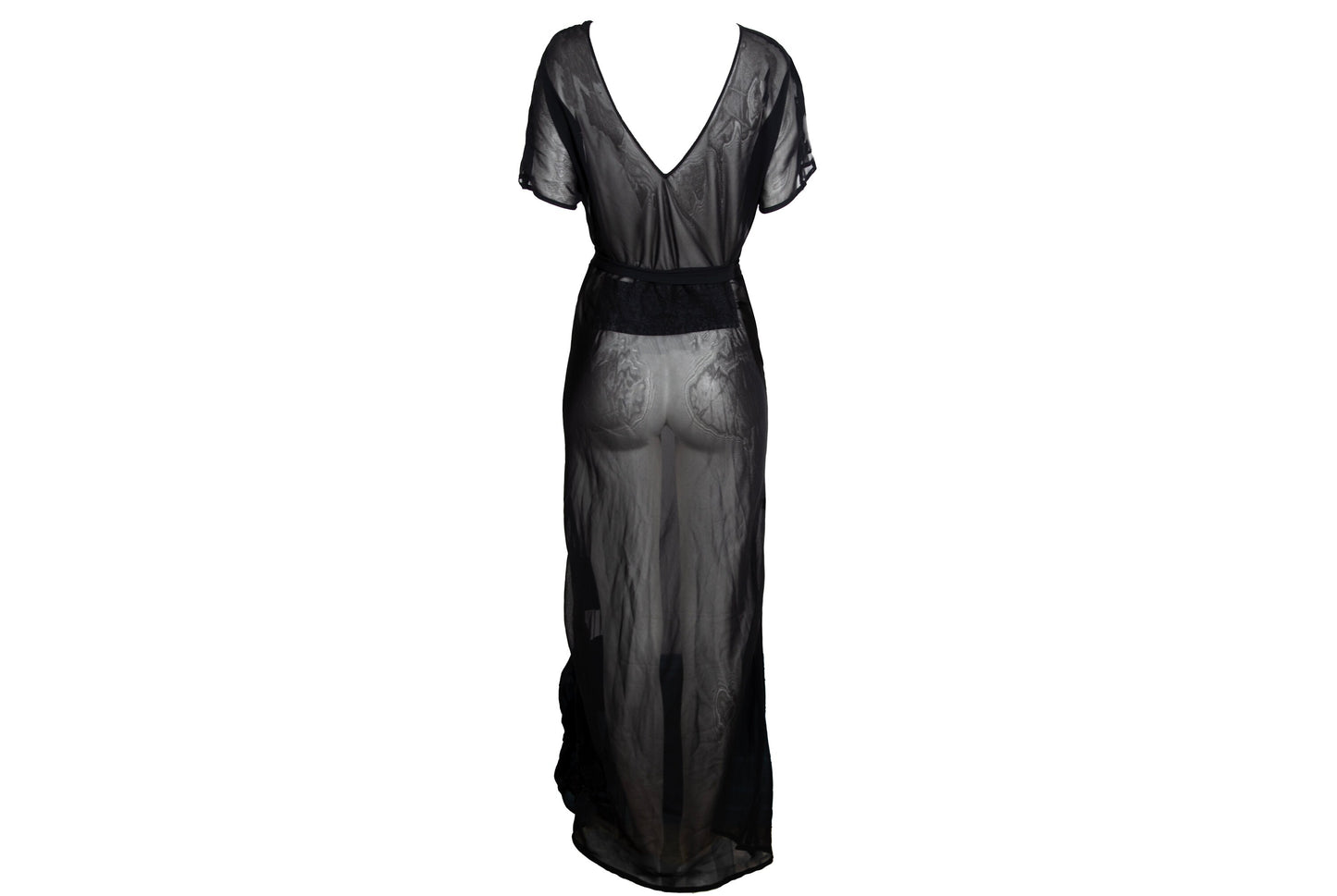 Vintage PierAntonioGaspari sheer mesh black maxi dress with geometric linen patches details / Made in Italy