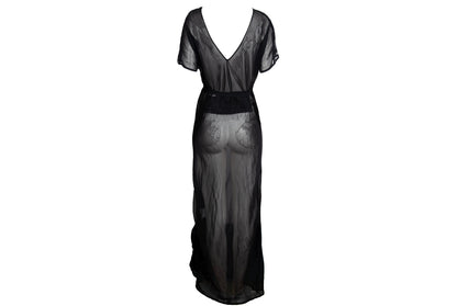 Vintage PierAntonioGaspari sheer mesh black maxi dress with geometric linen patches details / Made in Italy