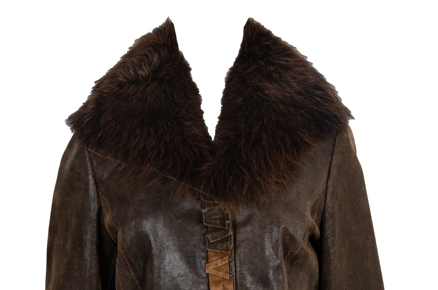 Vintage Ritsuko Shirahama distressed brown leather jacket with coyote fur collar / Made in Japan
