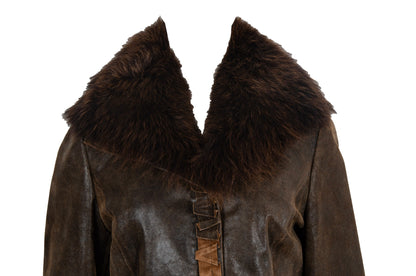 Vintage Ritsuko Shirahama distressed brown leather jacket with coyote fur collar / Made in Japan