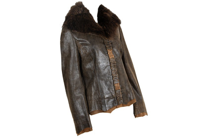 Vintage Ritsuko Shirahama distressed brown leather jacket with coyote fur collar / Made in Japan