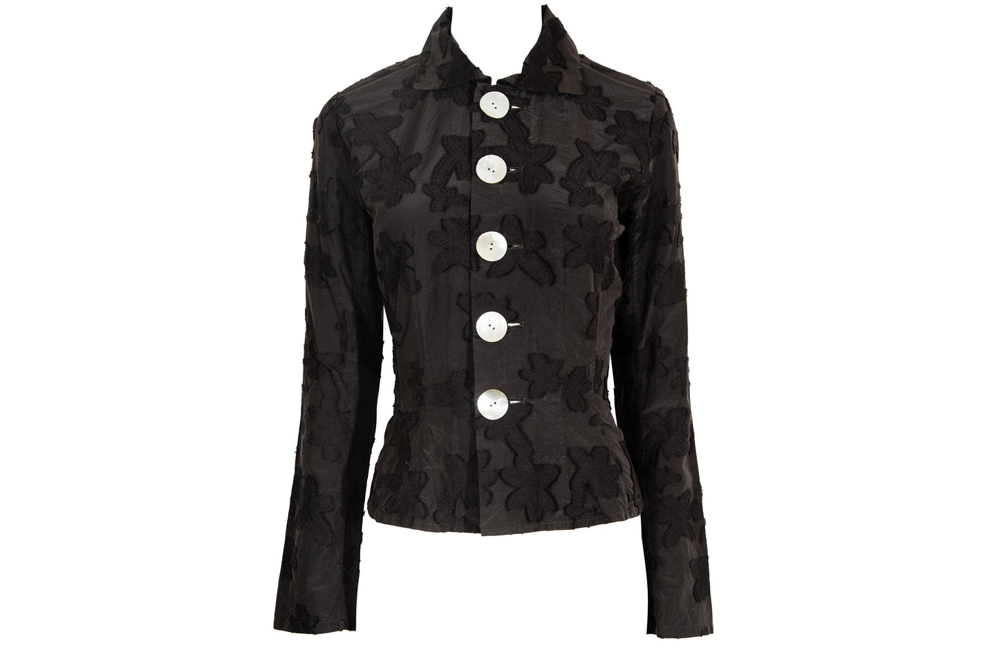 Vintage Masahiro Miyazaki oversized mother of pearl buttons jacquard fitted waist silk blend blouse / Made in Japan