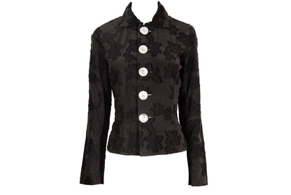 Vintage Masahiro Miyazaki oversized mother of pearl buttons jacquard fitted waist silk blend blouse / Made in Japan