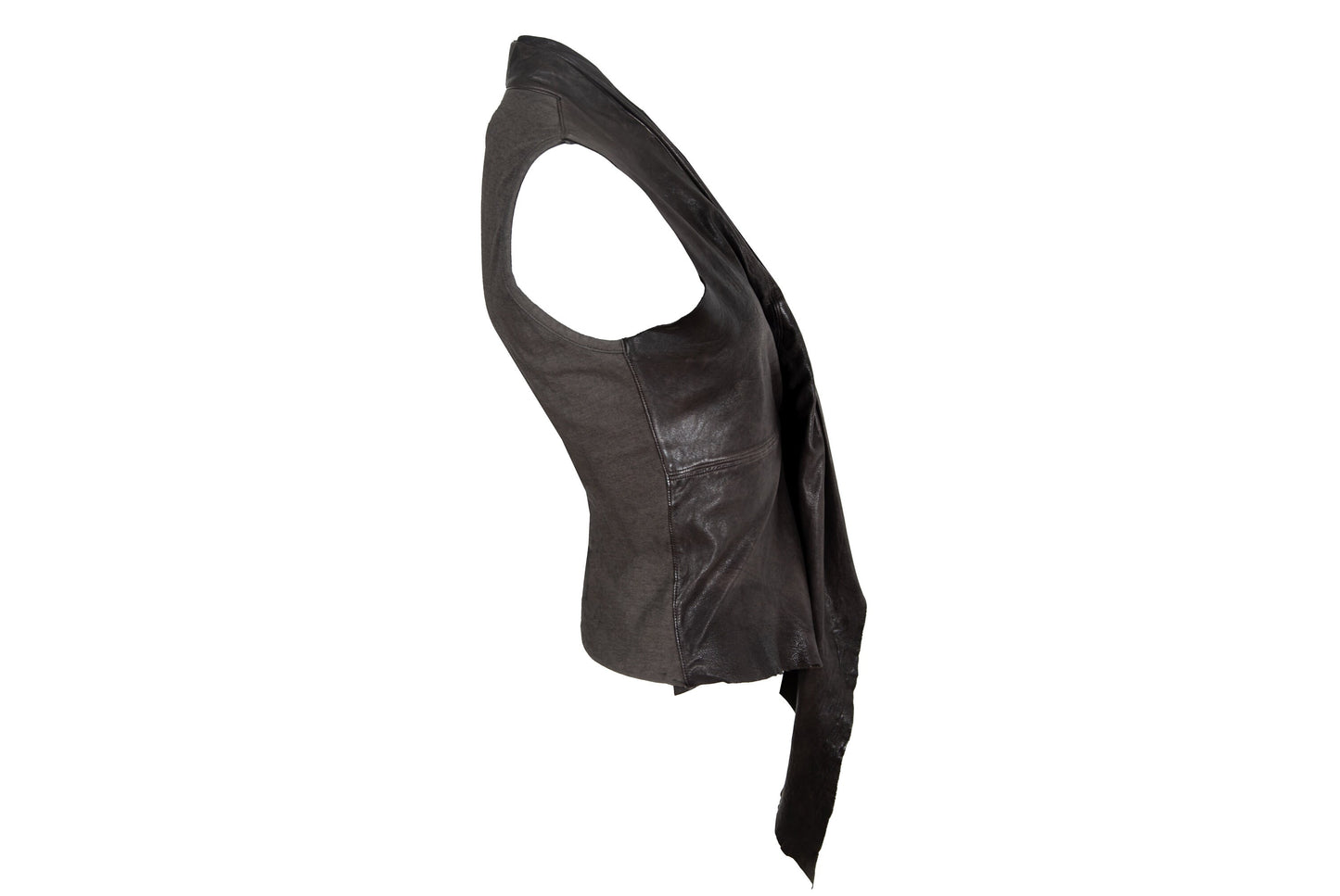 Vintage brown leather draped sleeveless top / Avant garde pleated leather waterfall top / Made in Italy