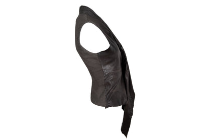 Vintage brown leather draped sleeveless top / Avant garde pleated leather waterfall top / Made in Italy