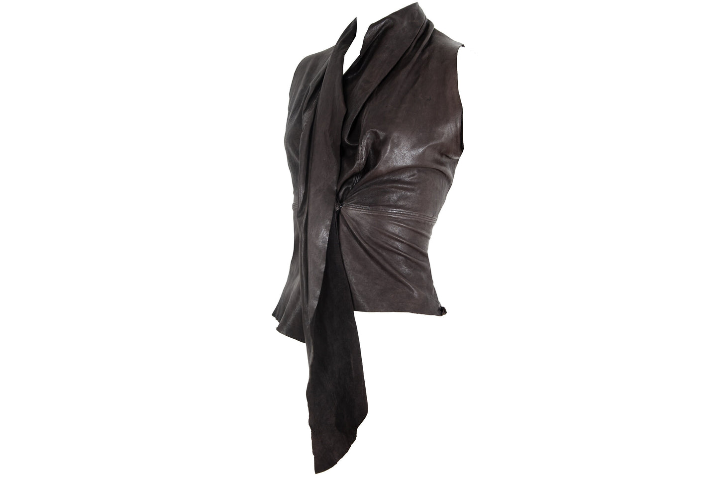 Vintage brown leather draped sleeveless top / Avant garde pleated leather waterfall top / Made in Italy