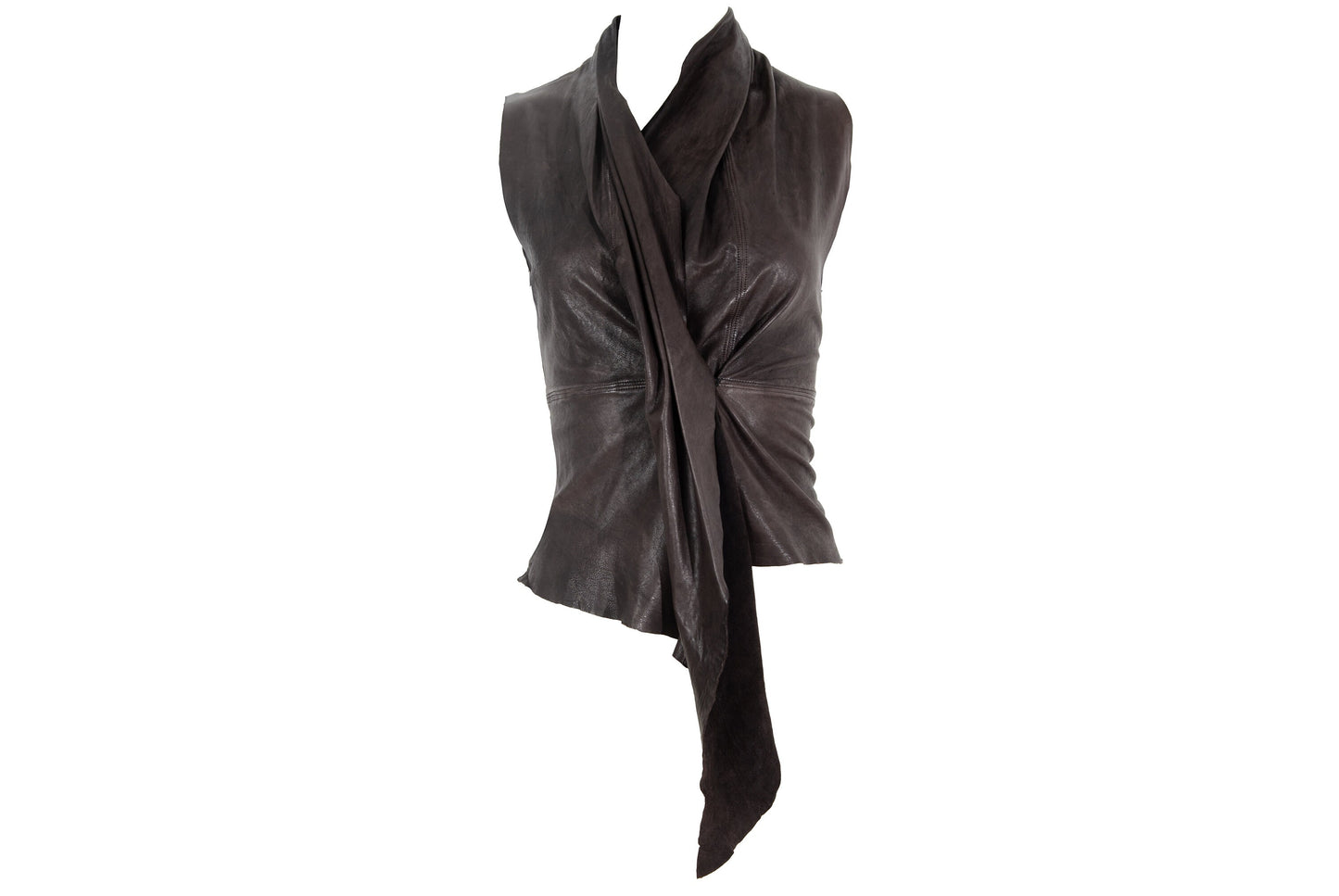 Vintage brown leather draped sleeveless top / Avant garde pleated leather waterfall top / Made in Italy