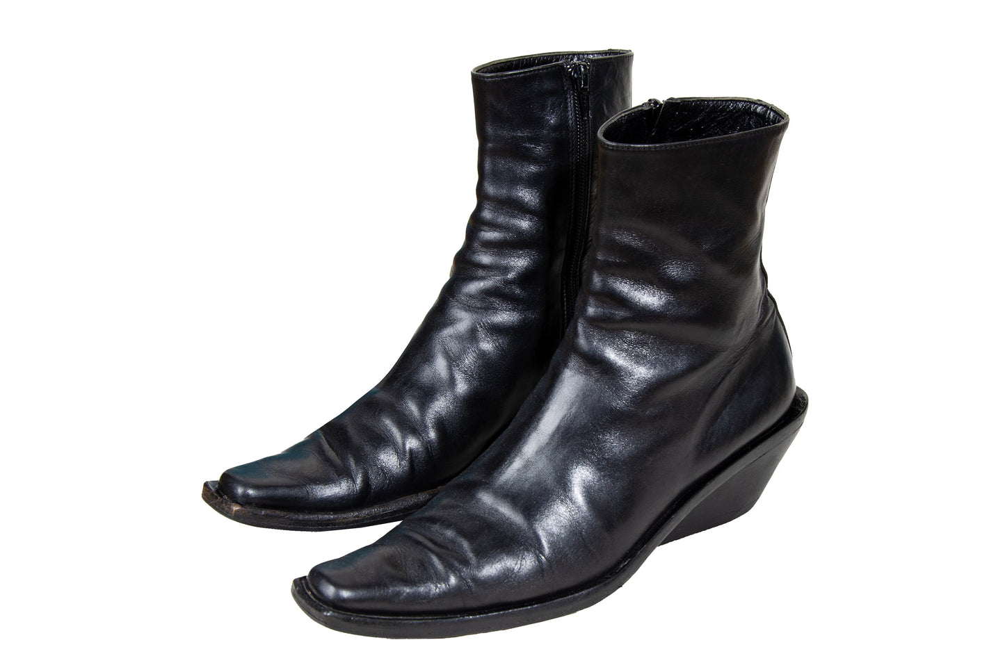 Vintage Ann Demeulemeester slanted heel black leather sock boots