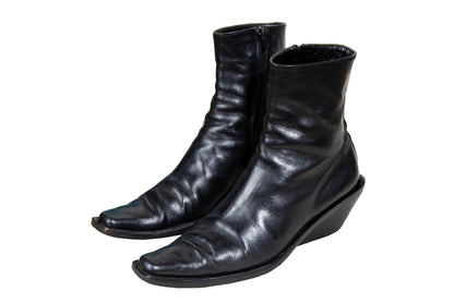 Vintage Ann Demeulemeester slanted heel black leather sock boots