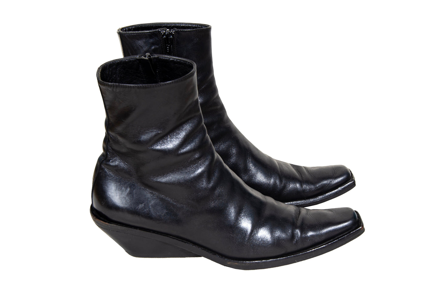 Vintage Ann Demeulemeester slanted heel black leather sock boots