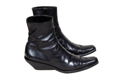 Vintage Ann Demeulemeester slanted heel black leather sock boots