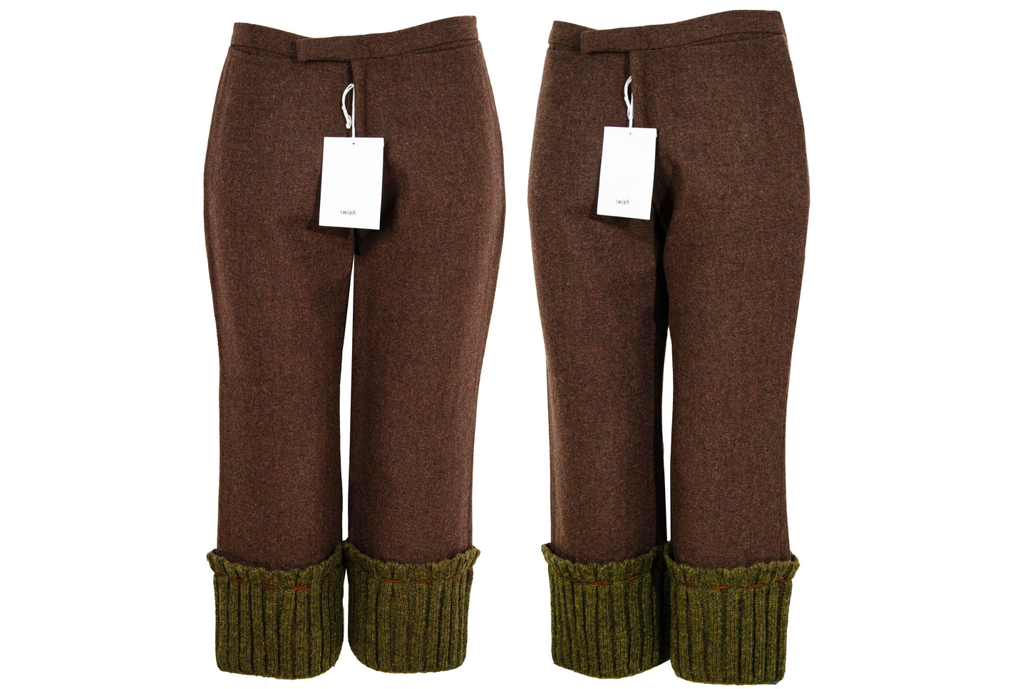 Vintage "I Wish" by Yohji Yamamoto brown wool capri pants with green rib knit cuffs / New old stock / Made in Japan