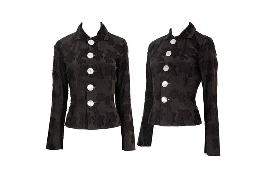 Vintage Masahiro Miyazaki oversized mother of pearl buttons jacquard fitted waist silk blend blouse / Made in Japan