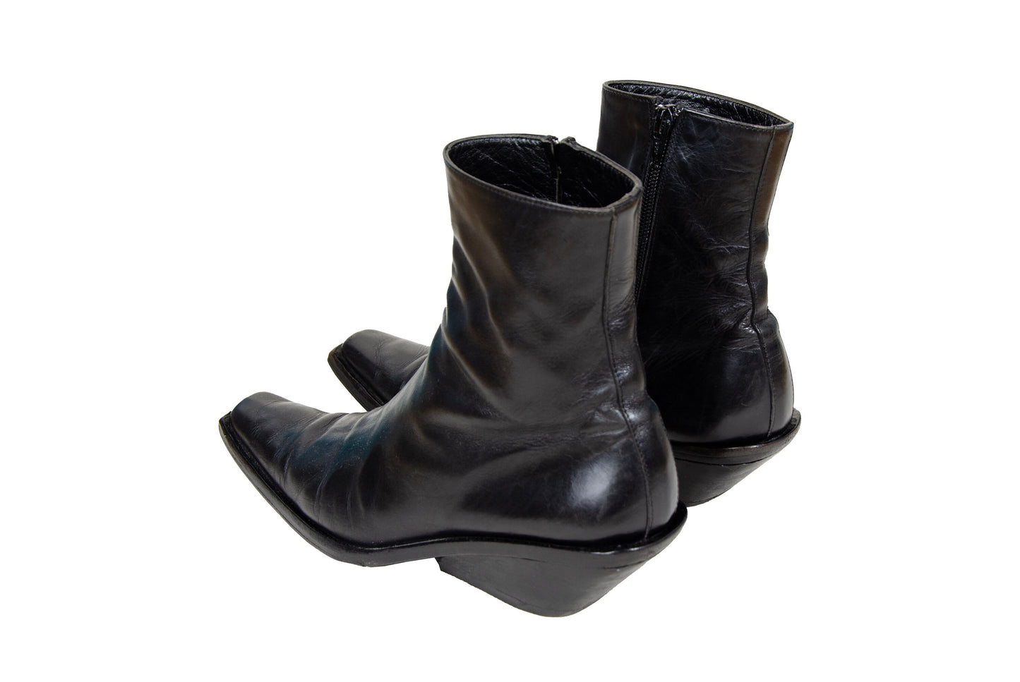 Vintage Ann Demeulemeester slanted heel black leather sock boots