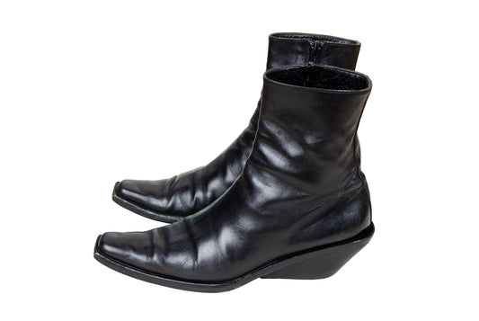 Vintage Ann Demeulemeester slanted heel black leather sock boots
