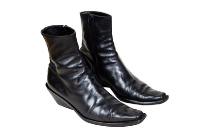 Vintage Ann Demeulemeester slanted heel black leather sock boots