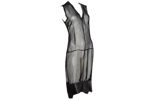 Vintage Jean Colonna sheer black mesh leather patchwork hem dress