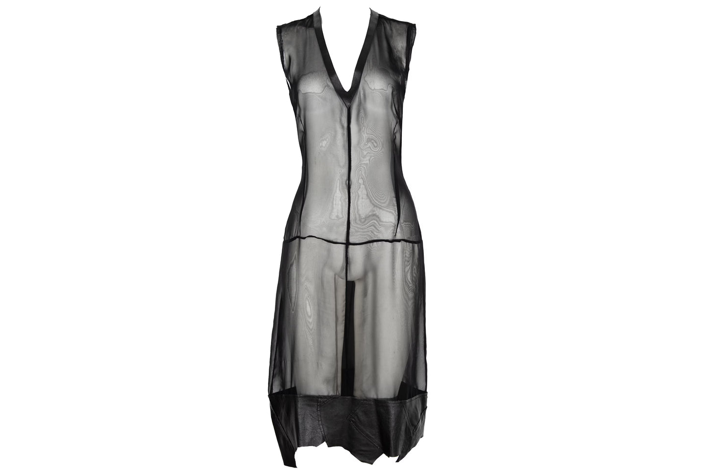 Vintage Jean Colonna sheer black mesh leather patchwork hem dress