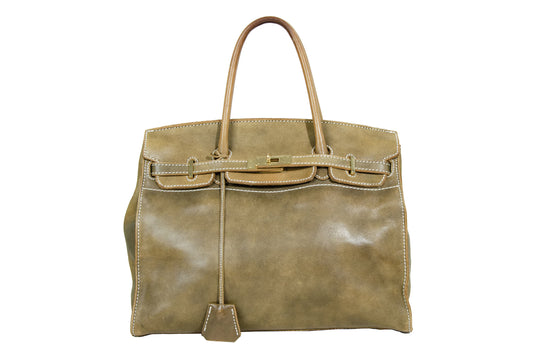 Vintage "Birkin" style Japanese brand faded khaki green leather "Firkin" oversized bag