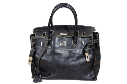 Vintage "Birkin" style black leather oversized bag / Made in Japan