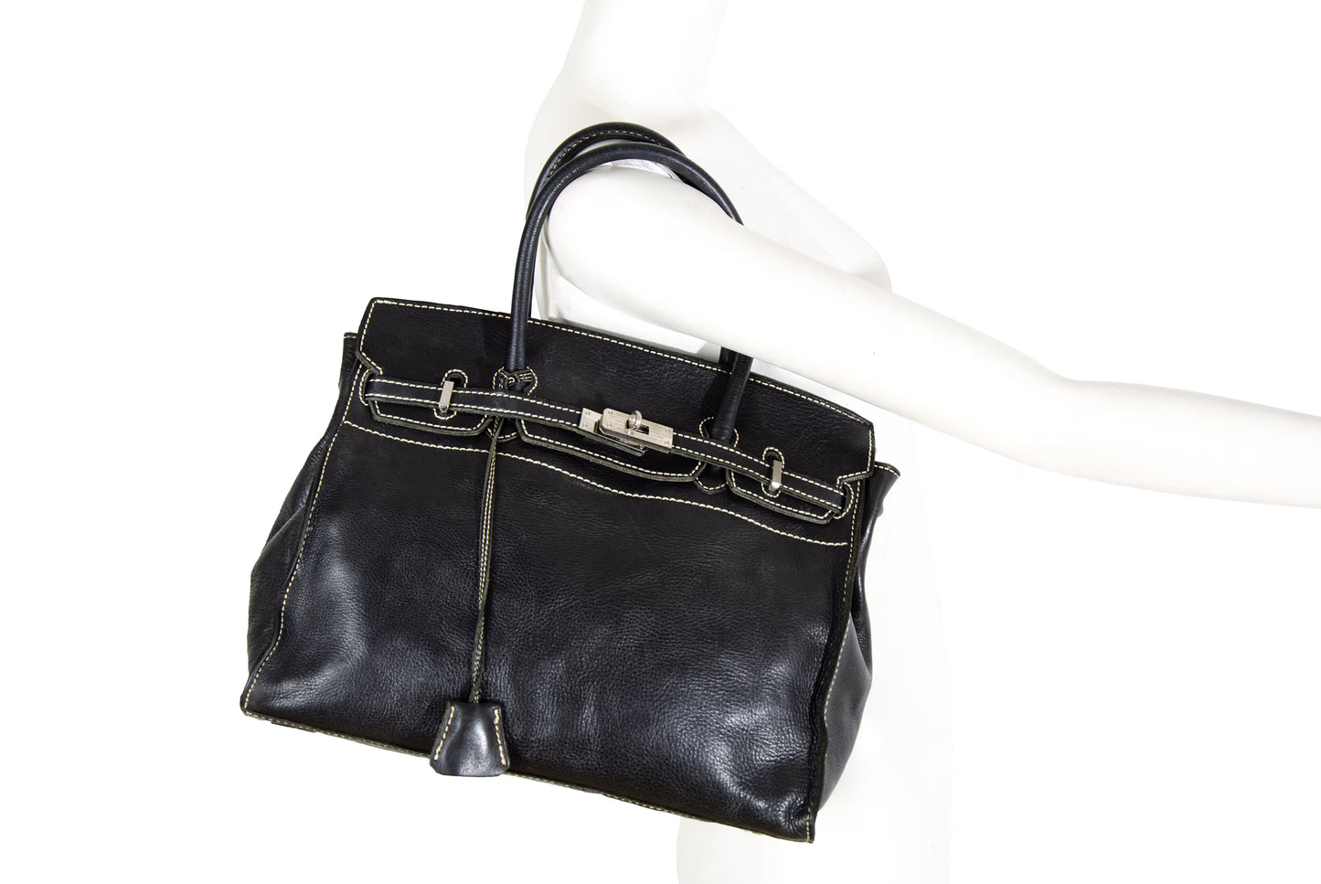 Vintage "Birkin" style black leather oversized bag / Made in Japan