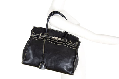 Vintage "Birkin" style black leather oversized bag / Made in Japan