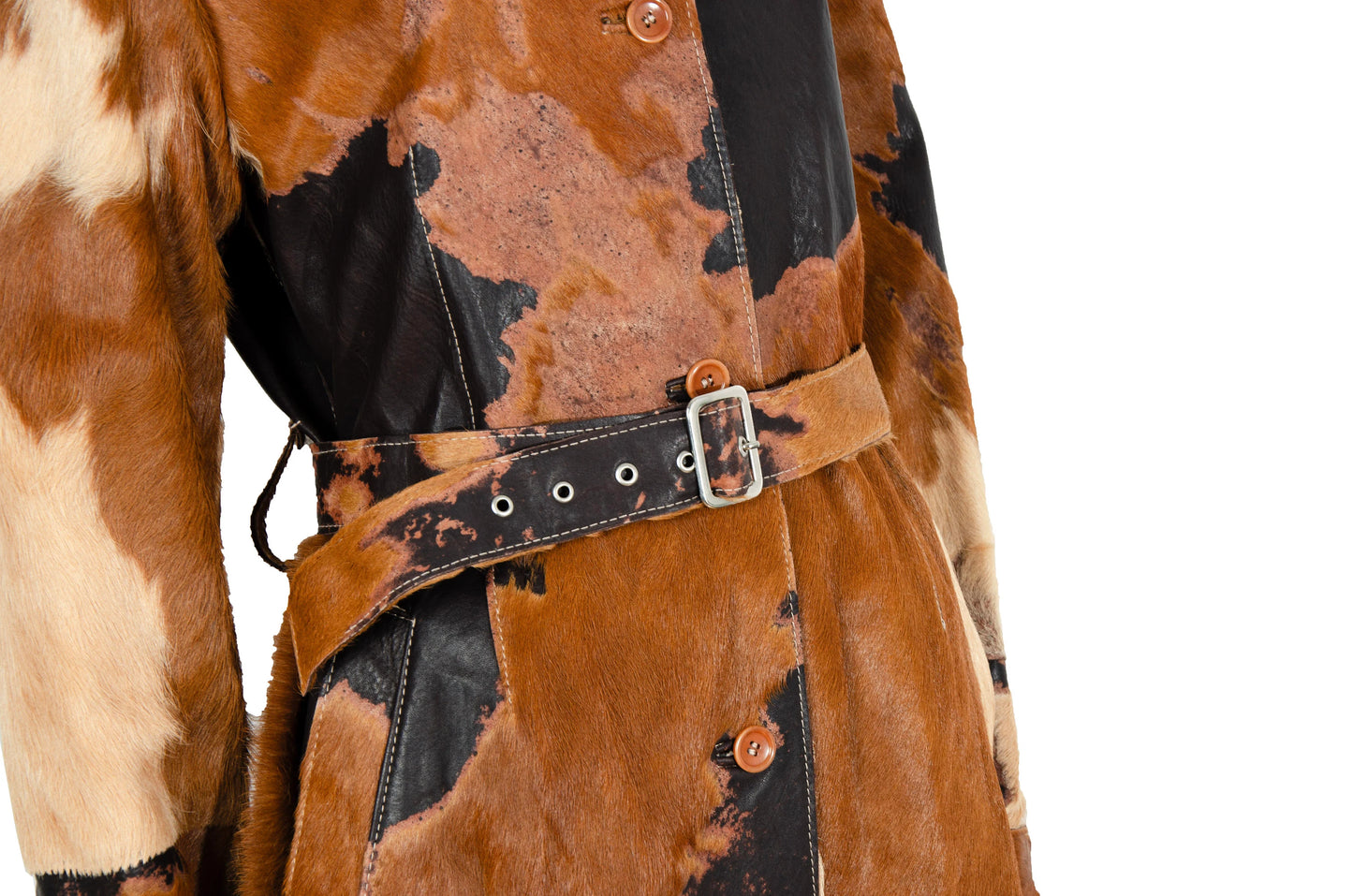 Vintage natural cowhide jacket / Devore pony hair belted trench coat / Made in Italy