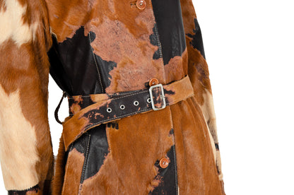 Vintage natural cowhide jacket / Devore pony hair belted trench coat / Made in Italy