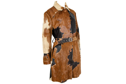 Vintage natural cowhide jacket / Devore pony hair belted trench coat / Made in Italy