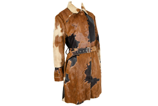 Vintage natural cowhide jacket / Devore pony hair belted trench coat / Made in Italy