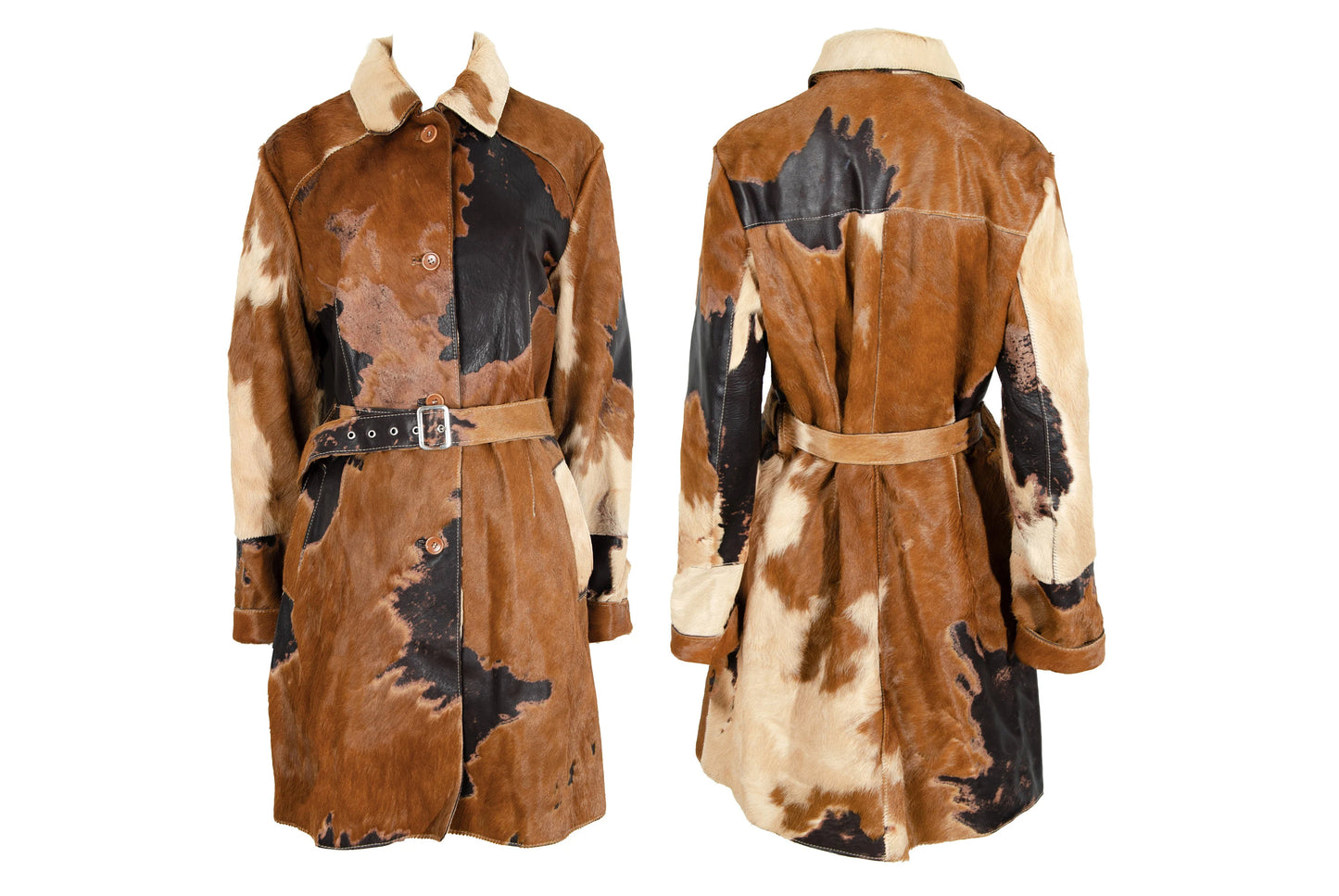 Vintage natural cowhide jacket / Devore pony hair belted trench coat / Made in Italy