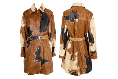 Vintage natural cowhide jacket / Devore pony hair belted trench coat / Made in Italy