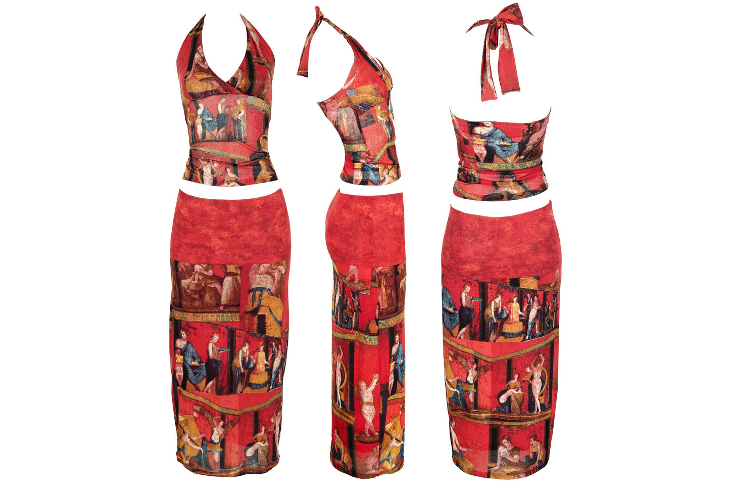 90s printed red mesh two piece set / Halter neck top and skirt set / Ancient Rome, antique print / Made in Spain