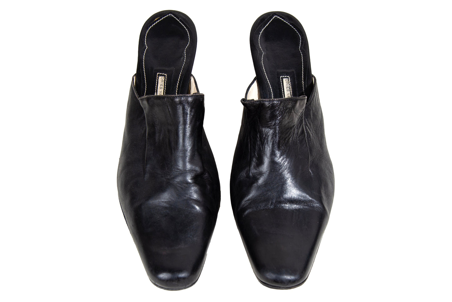 90s Dries Van Noten black leather Louis XV kitten heels mules / EU 40
