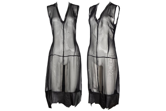 Vintage Jean Colonna sheer black mesh leather patchwork hem dress
