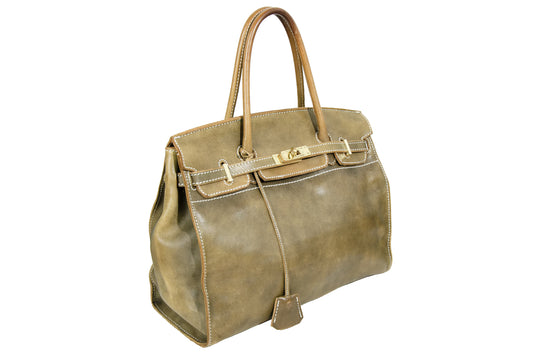 Vintage "Birkin" style Japanese brand faded khaki green leather "Firkin" oversized bag