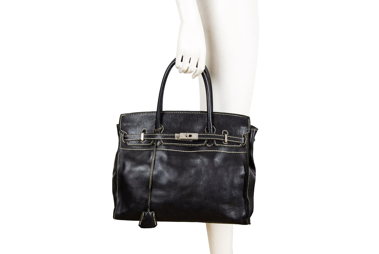 Vintage "Birkin" style black leather oversized bag / Made in Japan